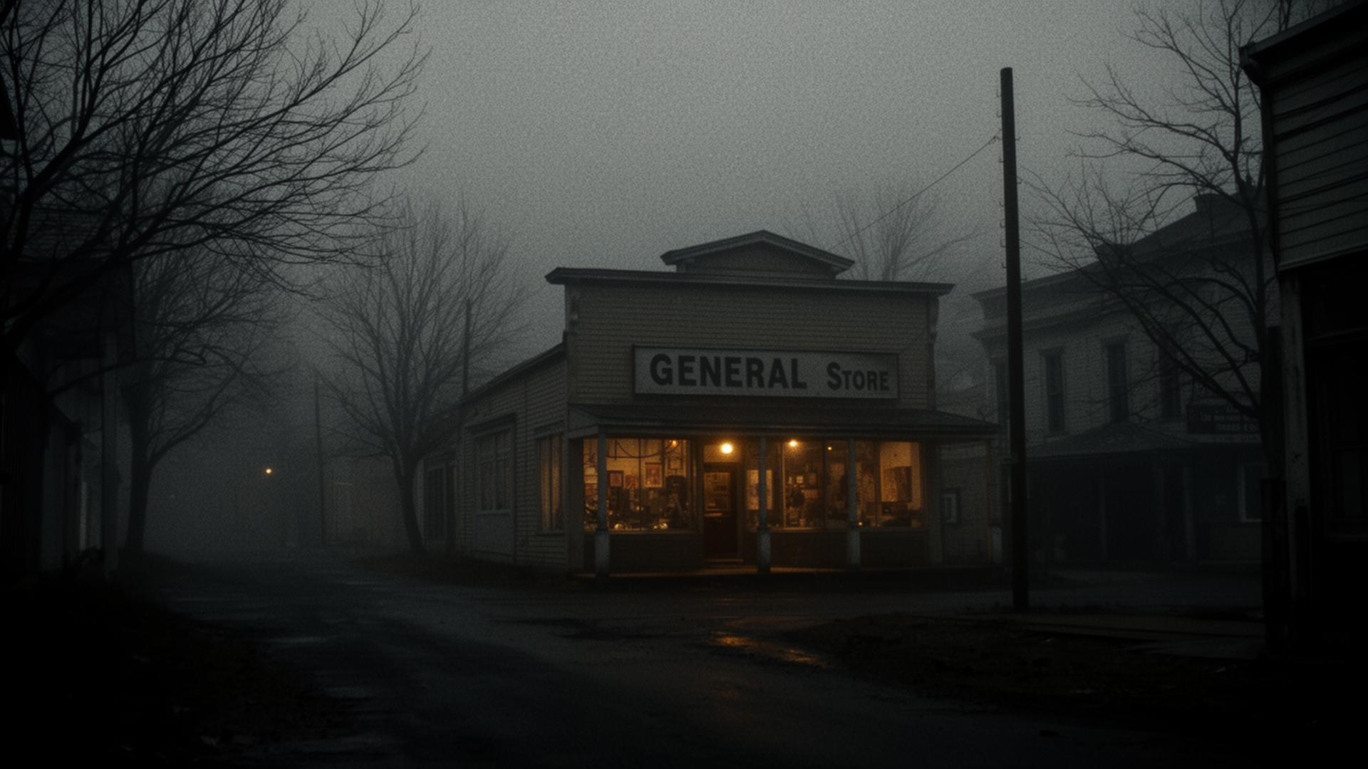 A general store on a fog-drowned street in Ashveil at dusk