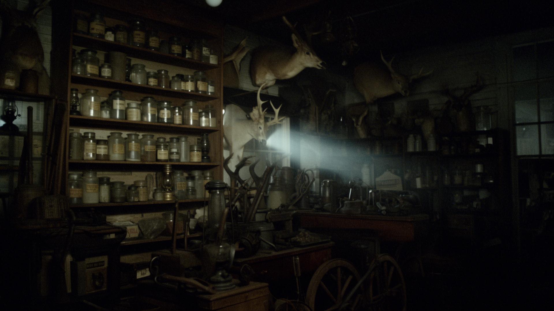 Interior of the Vale & Co. mercantile, dim and cluttered with antique jars